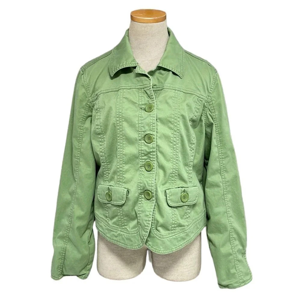 Live a Little Denim Jacket Button Up Collared Green Size Large L